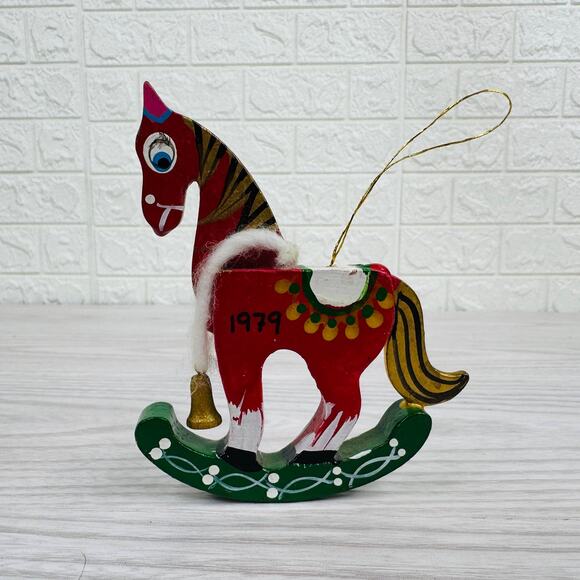 Vintage Wooden Rocking Horse Christmas Ornament 3.75" Hand Painted Holiday Decor - Picture 3 of 5